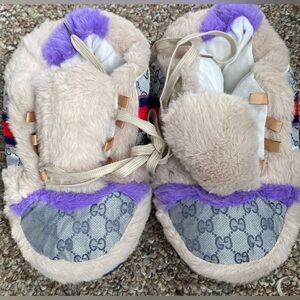 Gucci cream and purple plush sneaker slippers Silver Logo